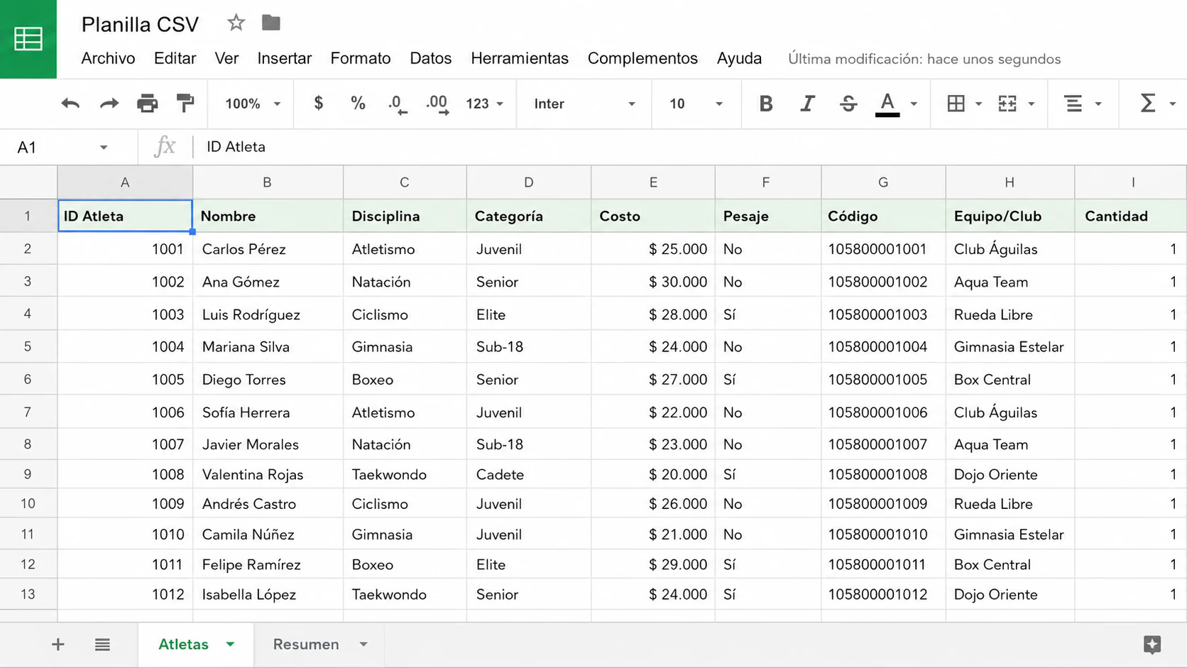 Planilla CSV con datos de atletas listos para carga masiva: ID, nombre, disciplina, categoría, código, equipo