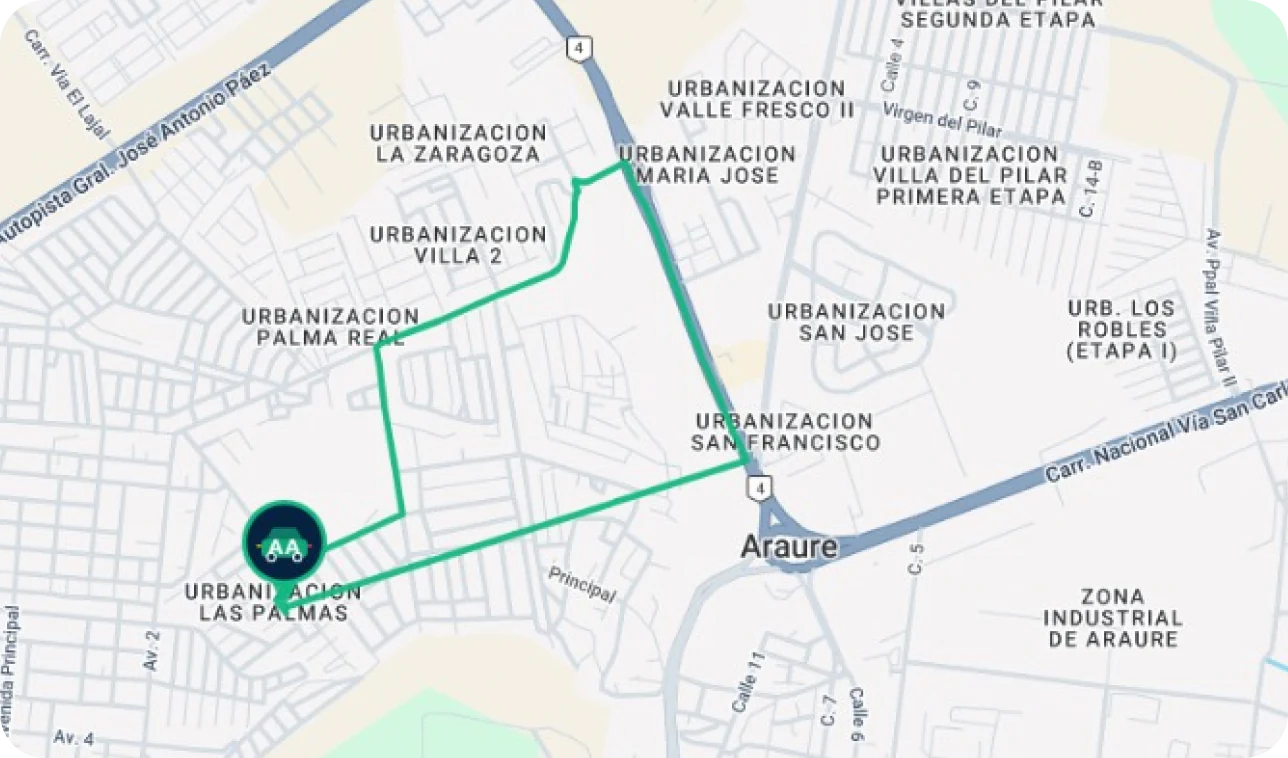 Mapa con la ruta verde de un vehículo desde Las Palmas hasta Araure, con marcador del conductor en tiempo real
