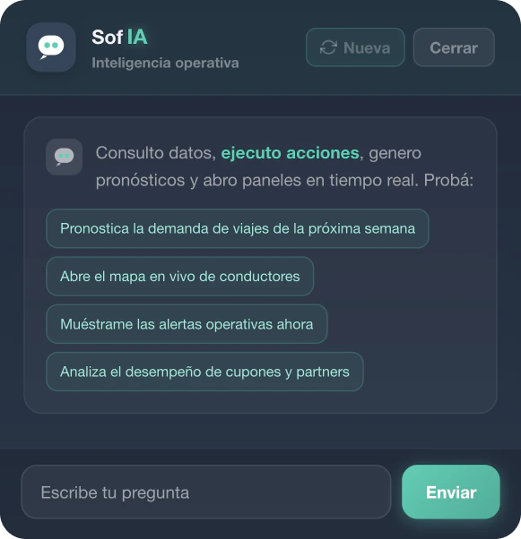 Conversación de SofIA con un conductor: pickup, ruta y notificación al pasajero